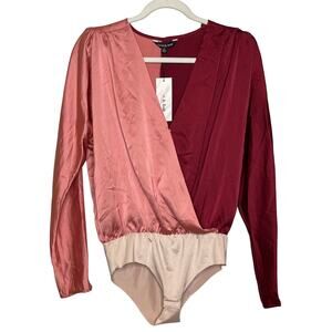 Strut and Bolt NEW Satin Pink Colorblock V Neck Wrap Bodysuit Size Medium